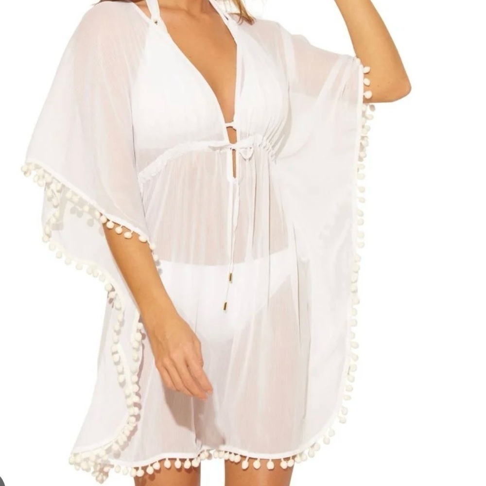 White Pom-Pom Trim Swim Cover-Up